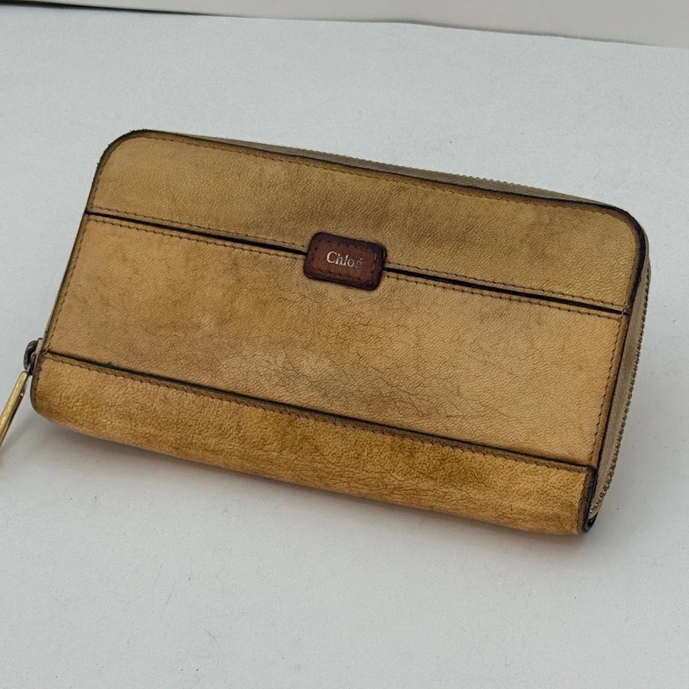 Chloe Tan Leather Zip‎ Around Long Wallet Gold Hardware Vintage Patina Italy